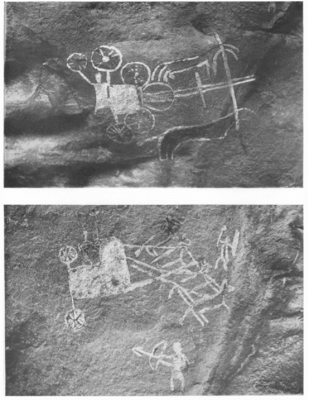 Figure 2: Rock paintings of chariots at Morhana Pahar (Allchin 1958, 1).